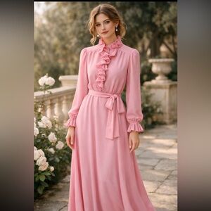 Vintage Pink Ruffle High Neck Maxi Dress Romantic Pleated Trim Belted